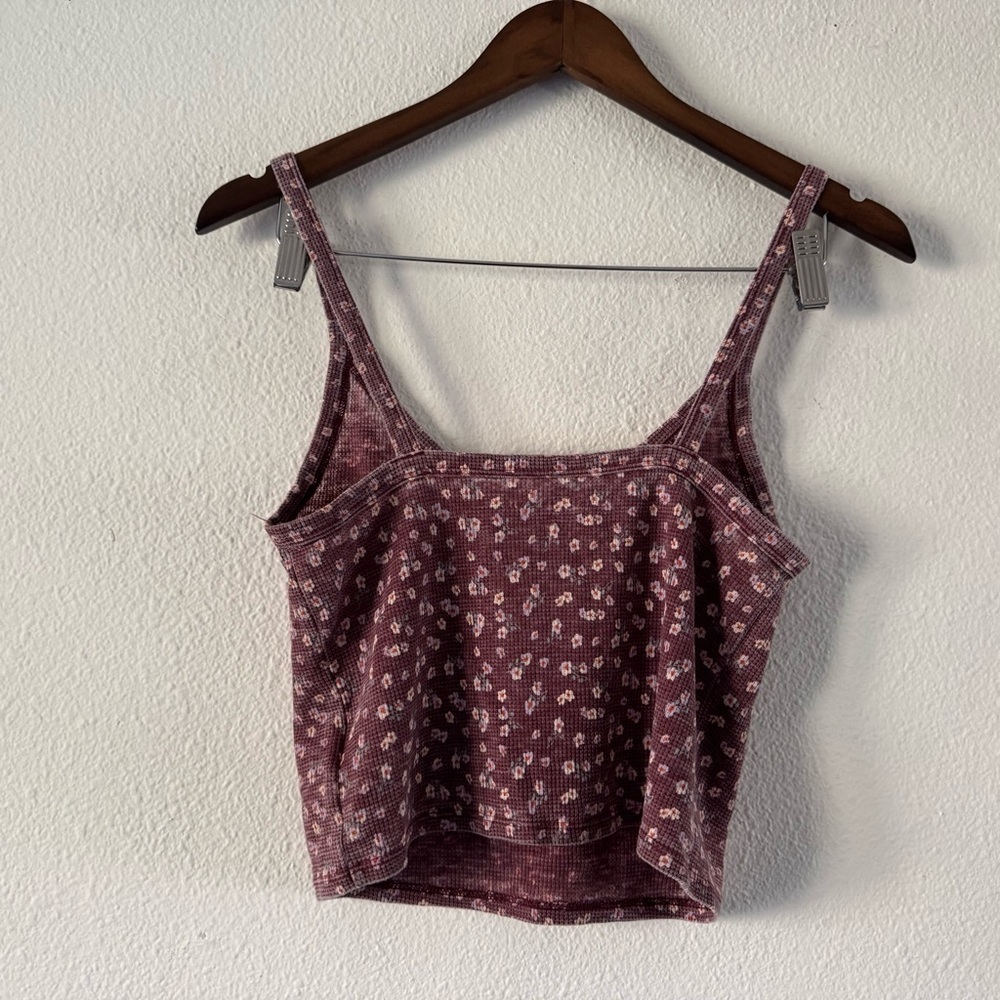 American Eagle Cropped Ditsy Floral Burgundy  Waffle Knit Cami Medium Ethereal - Picture 11 of 15